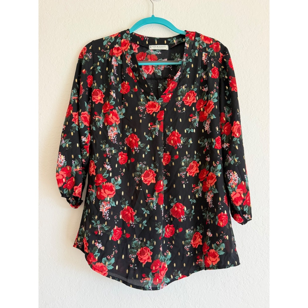 Jon & Anna Contemporary Floral V-Neck Blouse Black Red Gold Metallic Large